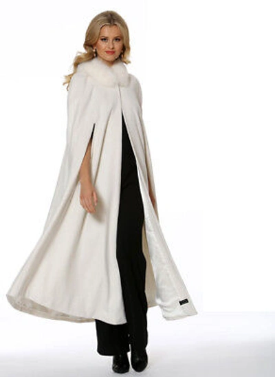 Pre-owned Madison Avenue Mall Womens Long Cashmere Opera Cape Cloak With Hood - Winter White Fox Trim 52"