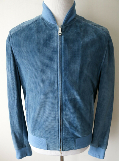 Pre-owned Brioni $6475  Blue Perforated Suede Bomber Jacket Coat Size Xs 46 Euro 36 Us