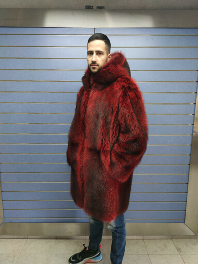 Pre-owned Fenzo Furs Luxury Full Skin Red Raccoon Fur Mens Coat Real Fur Full Skin To Skin Hood