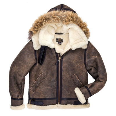 Pre-owned Cockpit Usa B-3 Hooded Sheepskin Bomber Jacket Brown Usa Made Z203615