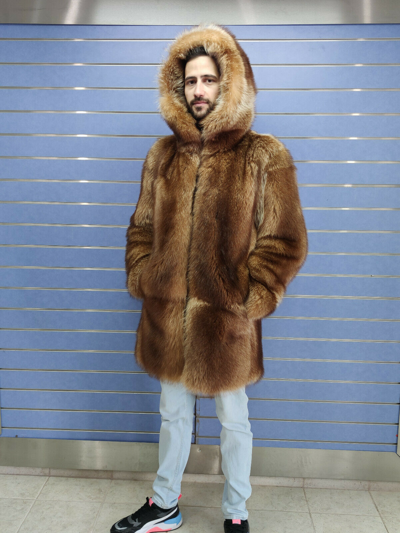 Pre-owned Fenzo Furs Luxury Full Skin Gold Raccoon Fur Mens Coat Real Fur Full Skin To Skin Hood