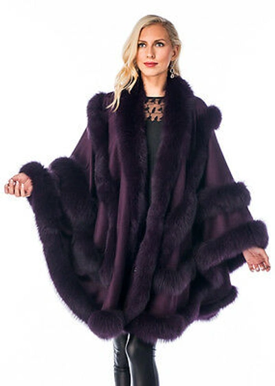 Pre-owned Double Row Real Fox Fur Trimmed Cashmere Cape Women Purple Plum Empress Style