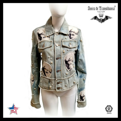 Pre-owned Amira Di Transilvania Woman Jacket Casual Spring Fashion Pop Art Jeans Graffity Star Diva Anita Ekberg In Blue