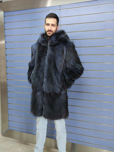 Pre-owned Fenzo Furs Luxury Full Skin Blue Raccoon Fur Mens Coat Real Fur Full Skin To Skin Hood
