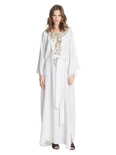 Pre-owned Oscar De La Renta $3890  Ivory Caftan Embroidered Leaf Gold Long Sleeve L Xl In White