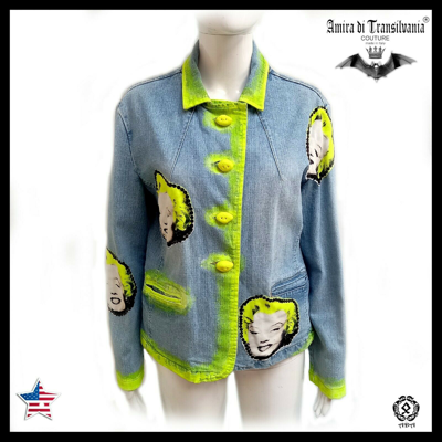Pre-owned Amira Di Transilvania Woman Jacket Casual Spring Original Pop Art Jeans Graffity Diva Marilyn Monroe 1 In Blue