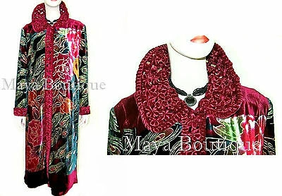 Pre-owned Maya Matazaro Silk Velvet Opera Coat Duster Red Multi Peacock Design Wearable Art Long 2x / 3x