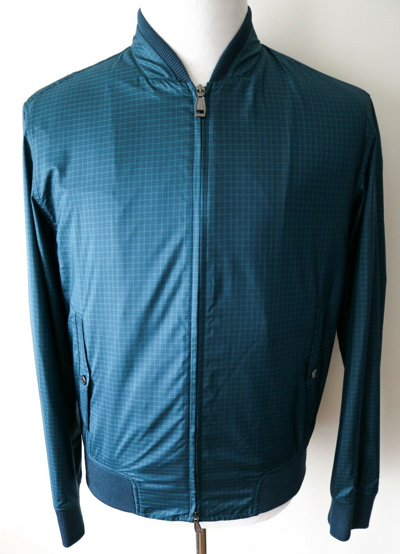 Pre-owned Brioni $3950  Teal Thin Lightweight 100% Silk Bomber Jacket Coat Size Large In Blue