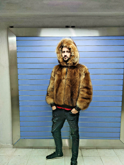 Pre-owned Fenzo Furs Luxury Full Skin Red Raccoon Fur Mens Bomber Real Fur Full Skin To Skin Hood