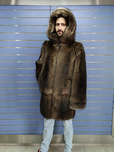 Pre-owned Fenzo Furs Luxury Full Skin Natural Raccoon Fur Mens Coat Real Fur Full Skin To Skin Hood In Brown