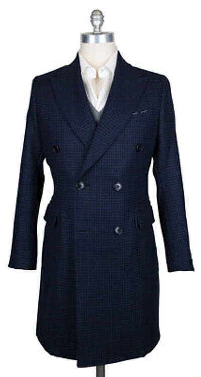 Pre-owned Luigi Borrelli $5100  Navy Blue Wool Check Peacoat - (culb213370)