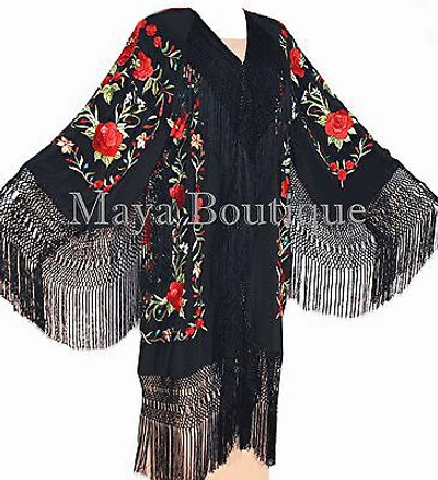Pre-owned Maya Matazaro Embroidered Silk Opera Coat Kimono Flamenco Jacket Red Roses Black