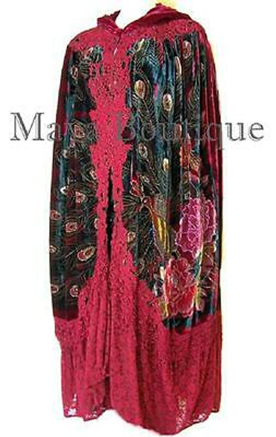 Pre-owned Maya Matazaro Cloak Opera Cape Peacock Victorian Rep Long Beaded Velvet Lace Lined Deep Red In Red Multi