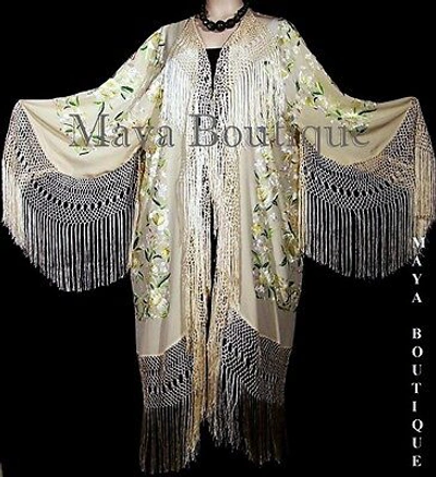 Pre-owned Maya Matazaro Embroidered Silk Opera Coat Kimono Fringe Jacket Birds & Flowers Pastels Greens In White