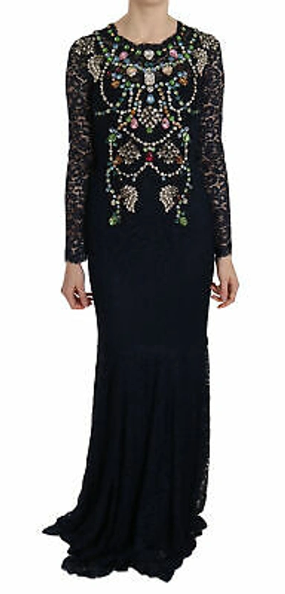 Pre-owned Dolce & Gabbana Dress Blue Crystal Floral Lace Long Gown It38/us4 /xs Rrp $18000