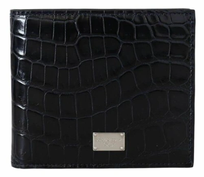 Pre-owned Dolce & Gabbana Dolce&gabbana Men Black Bifold Wallet 100% Leather Crocodile Skin Card Holder