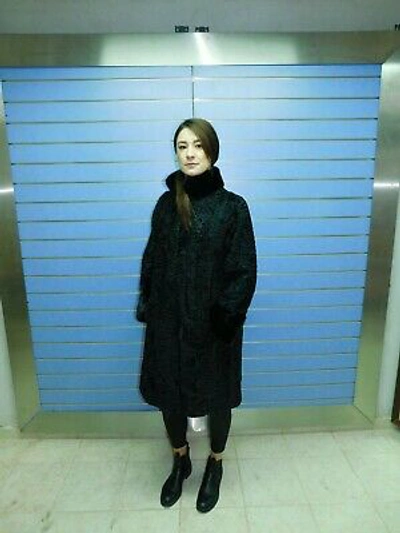 Pre-owned Fenzo Furs Luxury Black Swakara Fur Coat With Mink Collar- Swakara Full Skin Coat With Mink