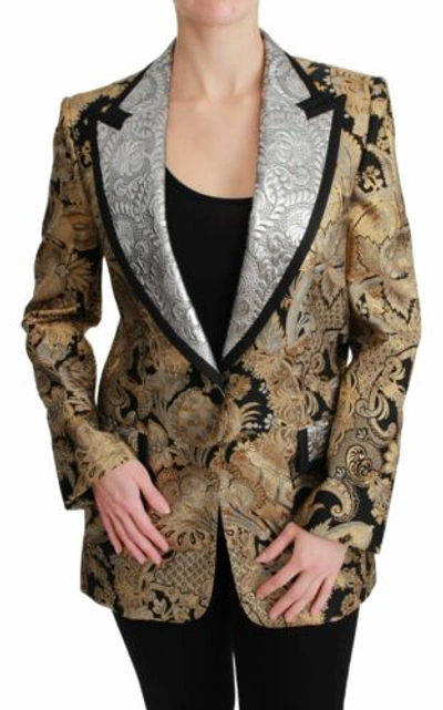 Pre-owned Dolce & Gabbana Dolce&gabbana Women Gold Jacket Nylon Lined Floral Pattern Slim Fit Party Blazer