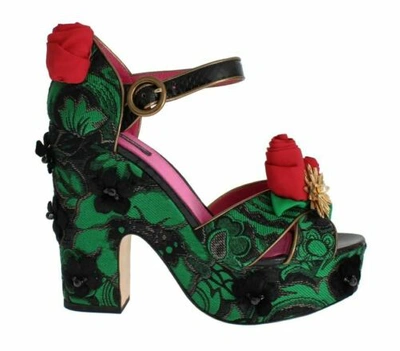 Pre-owned Dolce & Gabbana Dolce&gabbana Women Green Brocade & Jacquard Red Snakeskin Roses Crystal Shoes