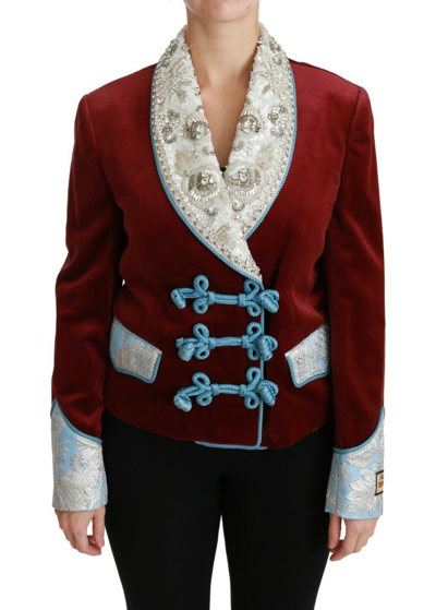 Pre-owned Dolce & Gabbana Jacket Blazer Red Velvet Baroque Crystal It44 /us10/ L Rrp $7000