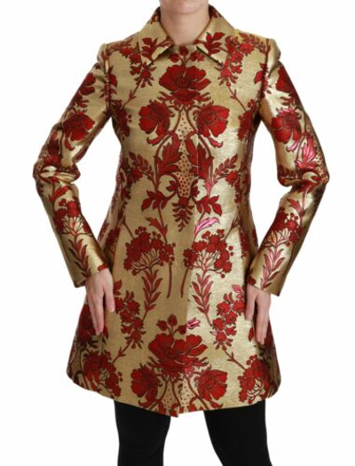 Pre-owned Dolce & Gabbana Dolce&gabbana Women Gold Red Trench Coat Polyester Floral Print Slim Fit Jacket