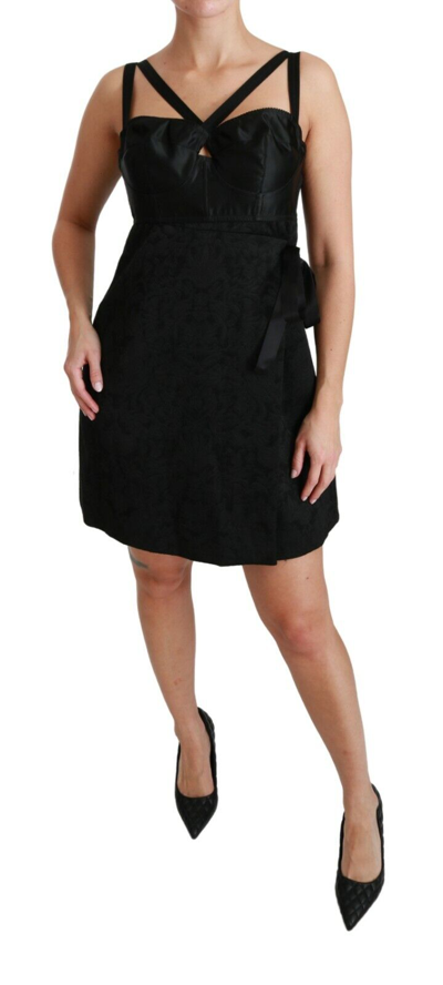 Pre-owned Dolce & Gabbana Dress Black Stretch Satin Jacquard Mini It46/ Us12/ Xl Rrp $2500