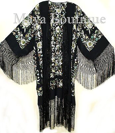 Pre-owned Maya Matazaro Embroidered Flamenco Silk Opera Coat Kimono Jacket Floral Birds  In Multicolor