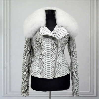 Pre-owned Handmade All Sizes Women's Genuine Python Leather Real Fox Fur Collar White Exotic Jacket