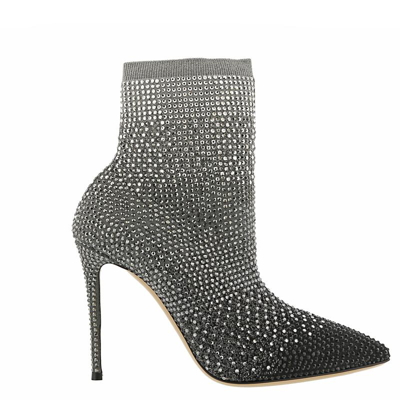 Pre-owned Casadei Pull On Gradient Crystal Ankle Sock Boot In Black_silver