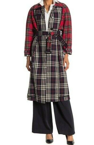 Pre-owned Burberry London Womens Long Plaid Check Trench Coat Us 6 S Navy Red $2490