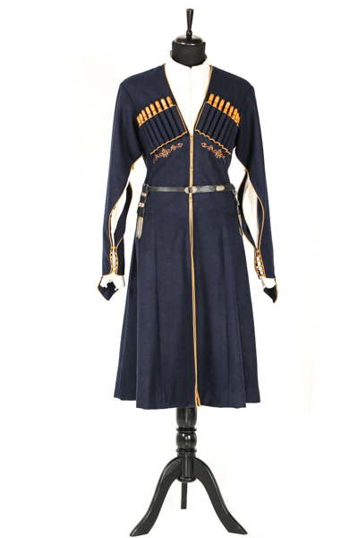 Pre-owned Handmade Men's Chokha/akhalukhi /boots/sword/trousers/bullets/kabalakh (georgia ) In Deep Blue And Beige