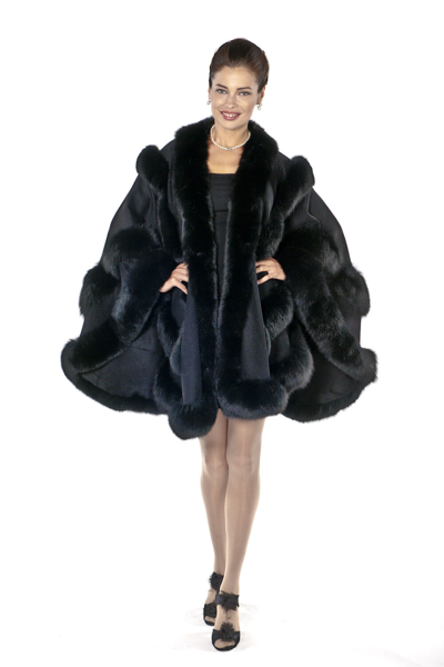 Pre-owned Madison Ave Mall Black Plus Size Fox Trimmed Cashmere Cape For Women - Empress Style