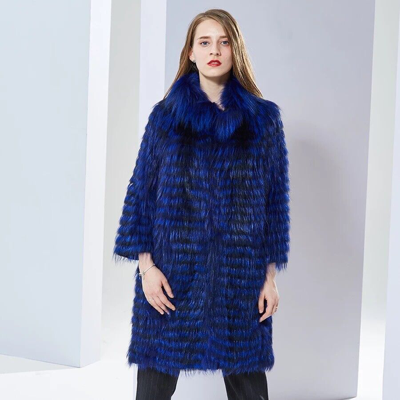 Pre-owned Luxor Leathers And Furs Striped Genuine Fox Fur Coat Jacket Parka In Royal Blue Luxor Leathers & Furs