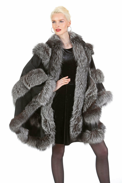 Pre-owned Madison Ave Mall Silver Fox Fur Trimmed Black Cashmere Cape For Women - Empress Style