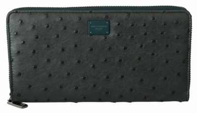 Pre-owned Dolce & Gabbana Dolce&gabbana Men Green Continental Wallet Ostrich Leather Pockets Casual Clutch