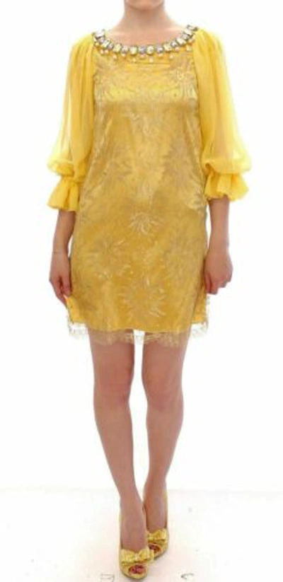 Pre-owned Dolce & Gabbana Dolce&gabbana Women Yellow Dress Silk Metal Crystals Embroidery Party Bodycon