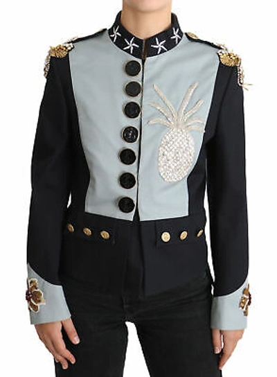 Pre-owned Dolce & Gabbana Jacket Blue Button Crystal Embellished Cotton It42/ Us8/ M $8900