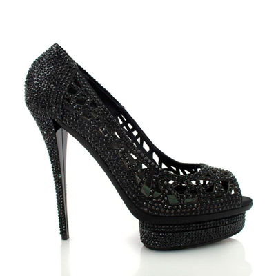 Pre-owned Le Silla Lesilla Black Crystal Open Toe Cut Out Platform Pump Size 40