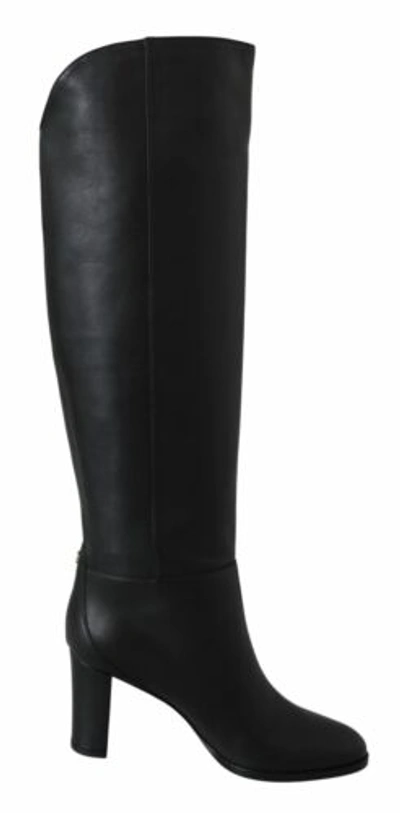 Pre-owned Jimmy Choo Madalie 80 Black Boots 100% Leather Solid Authentic Knee High Booties