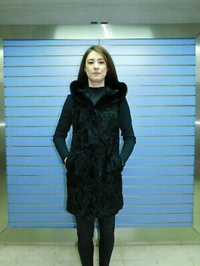 Pre-owned Fenzo Furs Luxury Full Skin Swakara Fur Vest With Hood- Swakara With Hood And Mink Trim In Black