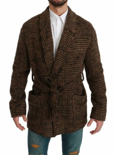 Pre-owned Dolce & Gabbana Dolce&gabbana Men Brown Jacket Wool Blend Checkered Belted Pockets Casual Coat