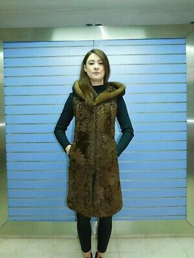 Pre-owned Fenzo Furs Natural Full Skin Swakara Fur Vest With Hood- Swakara With Hood And Mink Trim In Brown