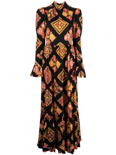 La Doublej Visconti Tiered Floral-print Crepe Maxi Dress In Black