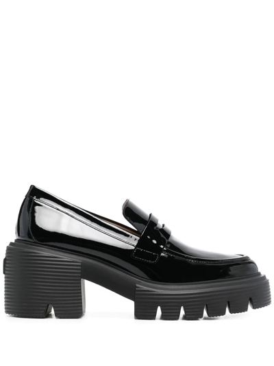 Stuart Weitzman Soho Patent Lug-sole Penny Loafers In Black