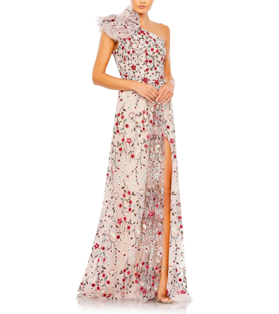 Mac Duggal Embellished Ruffled One Shoulder A Line Gown In Rose Multi