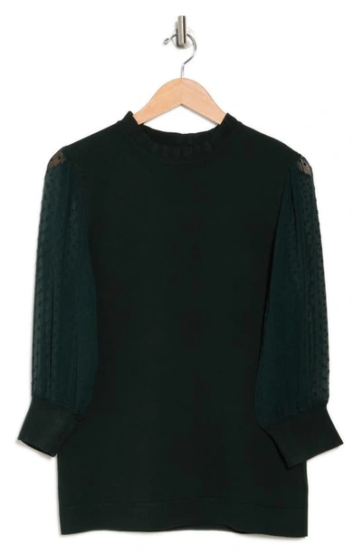 Adrianna Papell Ruffle Neck Lace Sleeve Sweater In Hunter