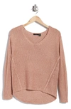 Rdi V-neck Faux Suede Elbow Patch Tunic Sweater In Rose (old Rose/dried Rose)