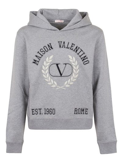 Valentino Vlogo Crest Logo-embroidered Hoodie In Grey,blue