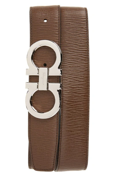 Ferragamo Double Gancio Calfskin Leather Belt In Brown Nero