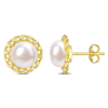 Amour 8-8.5mm Cultured Freshwater Pearl Halo Link Stud Earrings In Yellow Plated Sterling Silver In Yellow